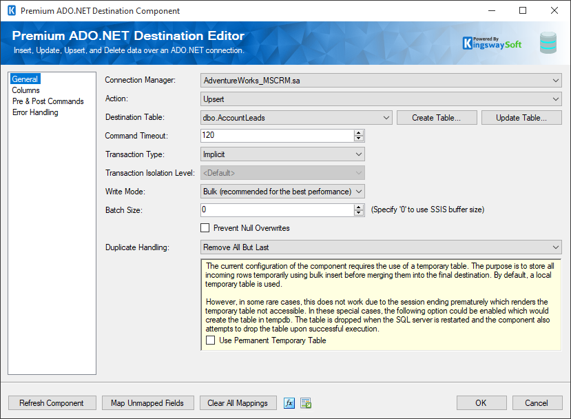 Premium ADO.NET Destination - General Page